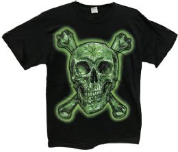 24 Wholesale Black T Shirt Skull And Bones With Leaf Xxl & Xxxl