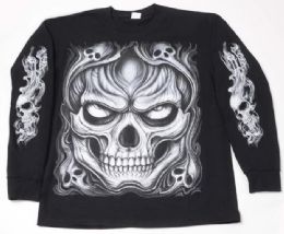 12 Wholesale Black T Shirt Large Skull Long Sleeve Shirts