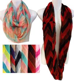 36 Wholesale Light Weight Infinity Scarves TrI-Color Chevron Print
