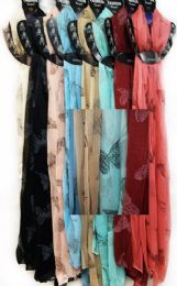 48 Wholesale Light Weight Scarves Larger Size Black Butterfly Print
