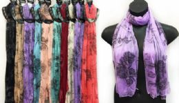 48 Wholesale Light Weight Scarves Larger Size Black Peony Print