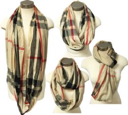 24 Wholesale Infinity Circle Scarf With Tan Color Plaid Print