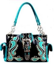 4 Pieces Turquoise Black Western Buckle Satchel Purse With Gun Pocket - Handbags