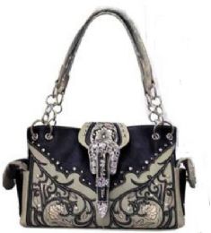 4 Pieces Black Grey Western Buckle Satchel Purse With Concealed Gun Pocket - Handbags