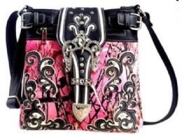 4 Pieces Camo Rhinestone Buckle Crossbody Sling With Gun Pocket Pink - Handbags