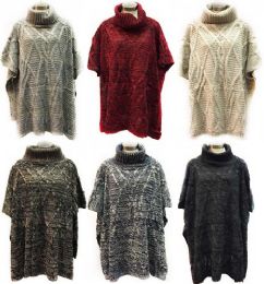 12 Wholesale Knitted Long Poncho With Cowl Collar Assorted