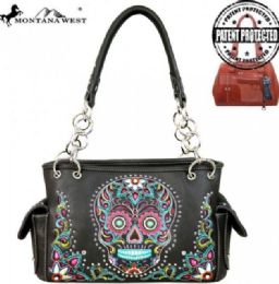 2 Pieces Montana West Sugar Skull Collection Concealed Handgun Satchel gy - Handbags