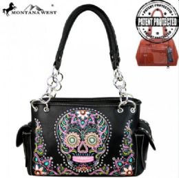 2 Pieces Montana West Sugar Skull Collection Concealed Handgun Satchel - Handbags
