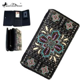 4 Pieces Montana West Embroidered Collection Secretary Style Wallet Black - Wallets & Handbags