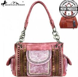 2 Pieces Montana West Tooled Collection Concealed Handgun Satchel Pink - Handbags