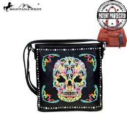 2 Pieces Montana West Sugar Skull Concealed Handgun Crossbody Bag Black - Handbags