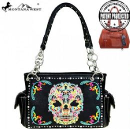 2 Pieces Montana West Sugar Skull Collection Concealed Handgun Satchel - Handbags