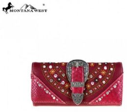 4 Pieces Montana West Buckle Collection Wallet Rhinestone Burgandy - Wallets & Handbags