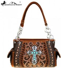 2 Pieces Montana West Spiritual Collection Satchel Vintage Cross Coffee 14.5" X 5" X 8" (drop 11") - Handbags