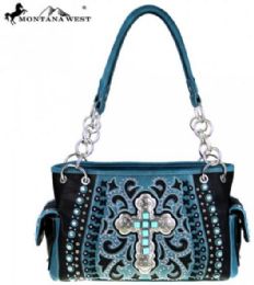 2 Pieces Montana West Spiritual Collection Satchel Vintage Cross Black Blue - Handbags