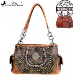 2 Pieces Montana West Concho Collection Concealed Handgun Satchel Brown - Handbags