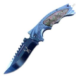 12 Wholesale The Bode Edge 8.5" Spring Assisted Knife With Ridged Top Edge Blue
