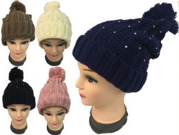 24 Pieces Rhinestone Knitted Winter Hat With Pompom Assorted - Winter Beanie Hats