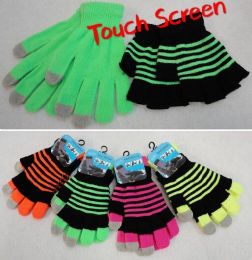 36 Wholesale Double Layer Neon Touch Screen Gloves Stripes