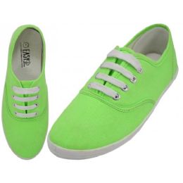 24 Wholesale Women's Lace Up Casual Canvas Shoes Neon Green