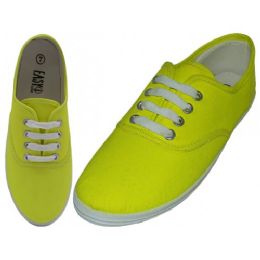 24 Wholesale Women's Lace Up Casual Canvas Shoes Neon Yellow