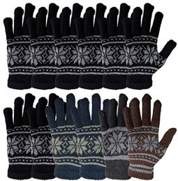 12 Wholesale 12 Pairs Of Socksnbulk Wool Gloves - Mens Womens, Stretchy One Size (assorted Snowflakes)