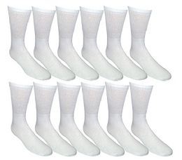 12 Bulk Yacht & Smith Men's Cotton Diabetic Crew Socks Loose Fit NoN-Binding White King Size 13-16