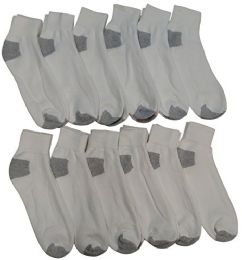 12 Wholesale 12 Pairs Of Men's Quarter Length Low Cut Ankle Socks, Cotton (white With Gray Heel And Toes)