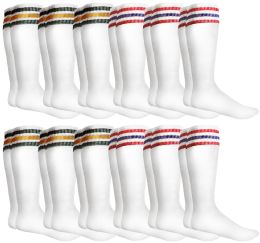12 Wholesale Yacht & Smith Men's 28 Inch Cotton Tube Sock White With Stripes Size 10-13