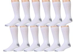 12 of 12 Pairs Of Wsd Mens Cotton Crew Socks, Solid, Athletic (white W/ Gray Heel & Toe)