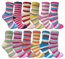 12 Pairs Womens Fuzzy Socks Crew Socks Warm Butter Soft Assorted Stripes - Womens Fuzzy Socks