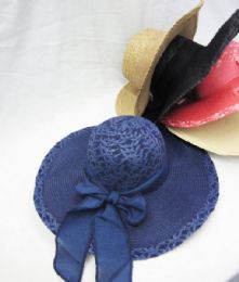 36 Wholesale Ladies Straw Hat Assorted Colors With Ribbon