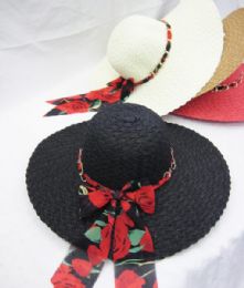 36 Pieces Womens Summer Hat With Rose Printed Ribbon And Chain - Sun Hats
