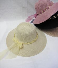 36 Pieces Womens Summer Sun Hat With Ribbon And Chain - Sun Hats