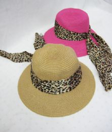 24 Pieces Womens Solid Color Straw Hat With Cheetah Ribbon - Sun Hats