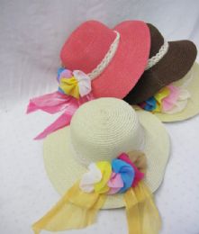 36 Pieces Womens Fashion Solid Color Hat With Flowers - Sun Hats