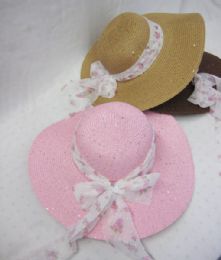 24 Wholesale Womens Fashion Summer Hat With Glitter And Rose Printed Ribbon