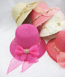 24 Wholesale Girls Summer Hat With Ribbon And Rhinestones