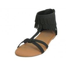 18 Wholesale Women's Suede Sandal With Tassel Black Color