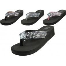 36 Wholesale Women's Wedge Rhinestone Thong Sandals ( *asst Black Silver Brown & Pink )