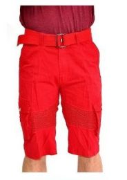 12 Wholesale Men's Fashion Cargo Shorts Motto Design In Red