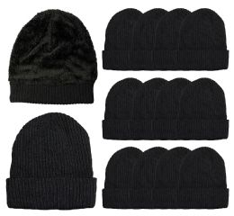 36 Pieces Mens Winter Beanie Hats With Fleece Lining Solid Black - Winter Beanie Hats