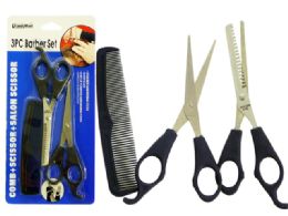 144 Pieces 3pc Barber Set With Scissors And Comb - Hanging Decorations & Cut Out