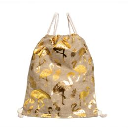 24 Wholesale Metallic Flamingo Print Bulk Drawstring Backpacks In Gold And Silver