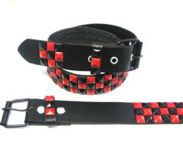 48 Pairs Pyramid Studded Black & Red Belt - Unisex Fashion Belts