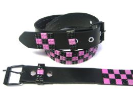 48 Wholesale Pyramid Studded Black & Pink Belt