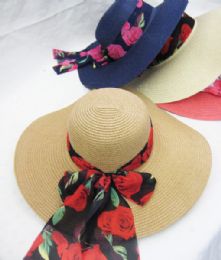 36 Wholesale Women Fashion Summer Hat With Rose Printed Ribbon