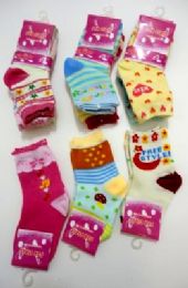 96 Wholesale Girls Printed Crew Socks, Size 2 Years To 4 Years, Assorted Styles