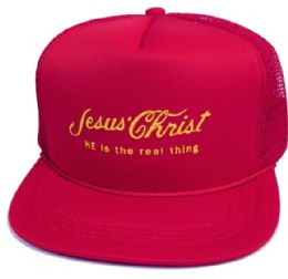48 Wholesale Youth Mesh Back Printed Hat, "jesus Christ He Is The Real Thing", Assorted Colors