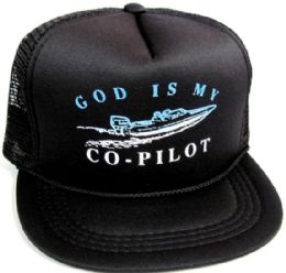 48 Wholesale Youth Mesh Back Printed Hat, "god Is My CO-Pilot", Assorted Colors